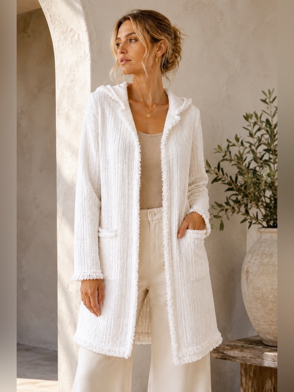 Laundry by Shelli Segal Hooded Textured Fringe Trim Jacket Coat White Small